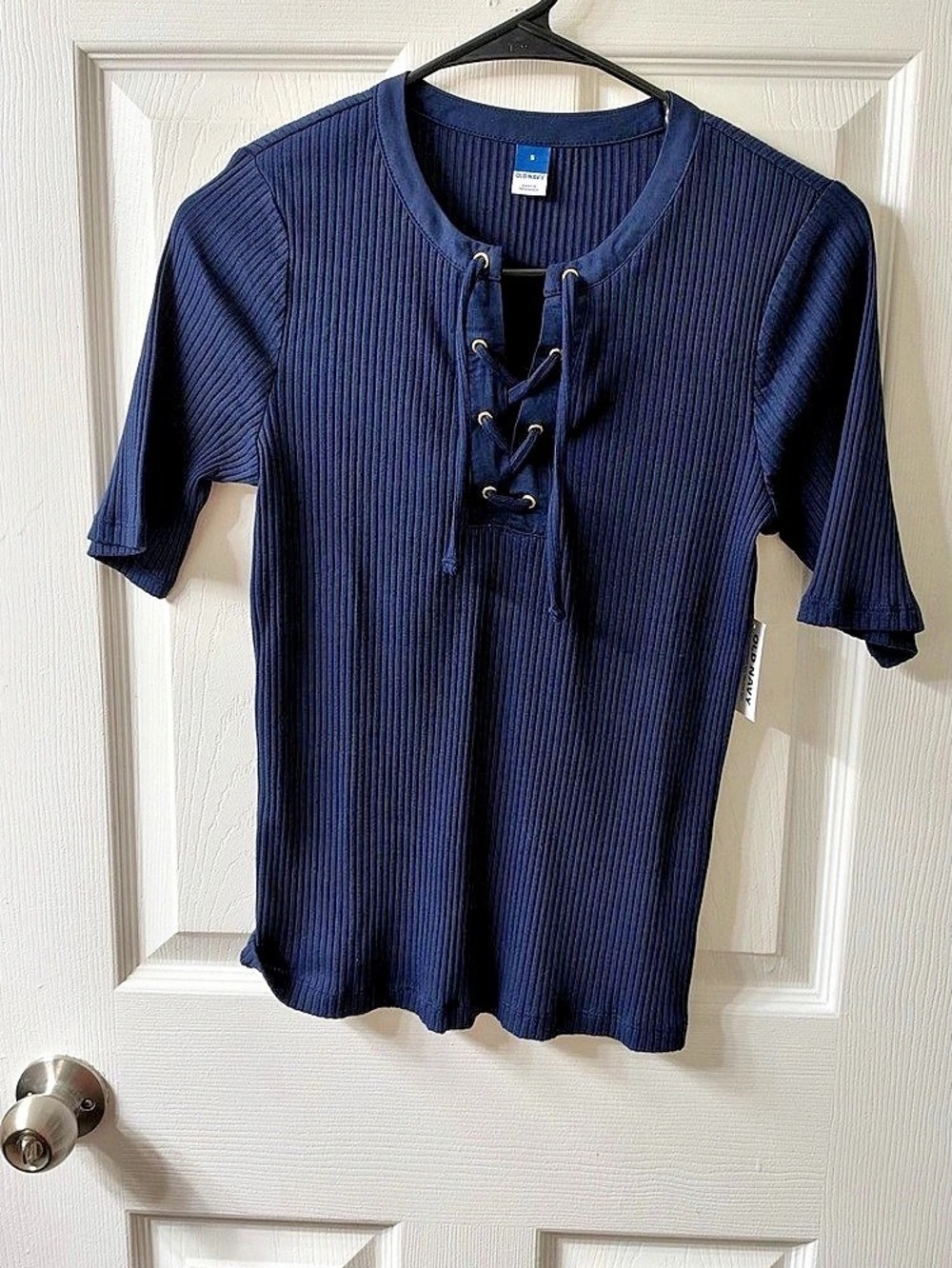 Old Navy Lace-Up Ribbed Short Sleeve Top Blue